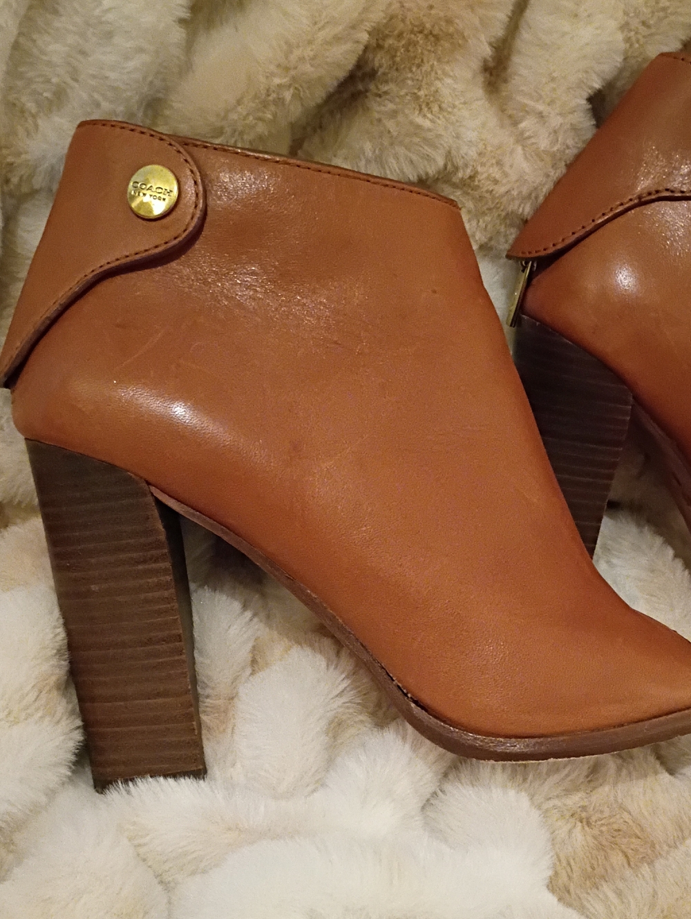 Coach Tan Leather Stacked Heel Ankle Booties